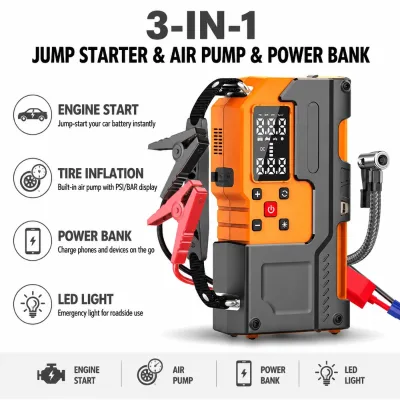 Portable Car Jump Starter Air Compressor Power Station Cordless 12V Battery Booster Jumper Cable Battery Tire Pressure Monitor