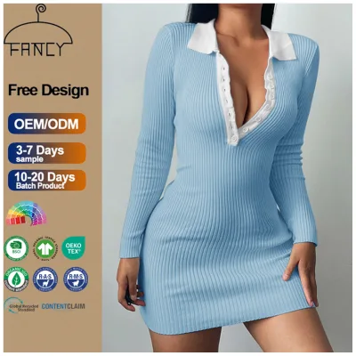 New Design Women's Deep V Sexy Short Bodycon Dress Polo Collar Knit Long Sleeve Solid Pattern Button Natural for Spring