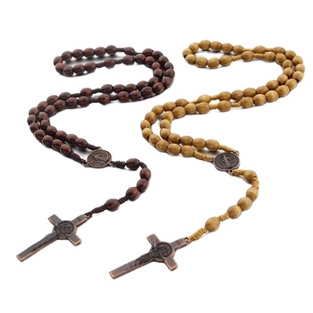 8*10 Wooden Beads Rosary With Maria Christian Rosaries Handmade Vintage Necklace Light Coffee Dark Curry Color