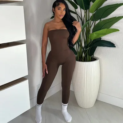 K24Q60313 Spring New Y2K Sexy Skinny Fit Strapless Backless Solid Color Sports Jumpsuit