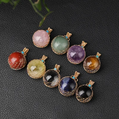 Wholesale Natural Crystal Ball Pendant Necklace Handmade Wire Wrapped Raw Polished Stone Pendant for Gift Giving