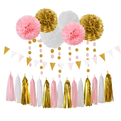 Pink White Gold Girl Birthday Party Decorations 23pcs Kits Tissue Paper Pom Poms Streamers Princess Banner Flags Tinsel Garland