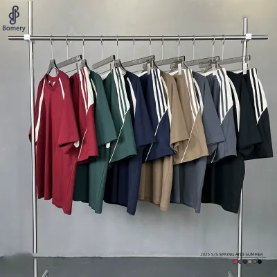 Bomery Men's Summer Vintage Quick Dry Casual T-Shirt Set Breathable Knitted O-Neck Short Sleeve with Splice Design