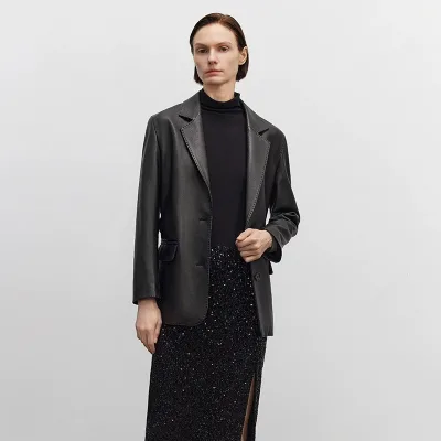 Women's 2025 Fall New Chic Premium Vintage Black Genuine Leather Blazer - Street-Style Wide-Fit Luxury Statement Outerwear