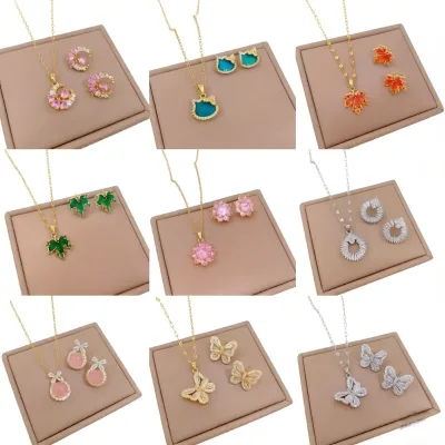 Wholesale Stainless Steel Full CZ Jewelry Set Hypoallergenic PVD Gold Plated Pendant Necklace & Stud Earring Set for Women
