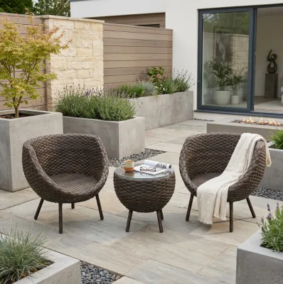 Modern Rattan Outdoor Seating Set with Curved Bucket Chairs & Matching End Table