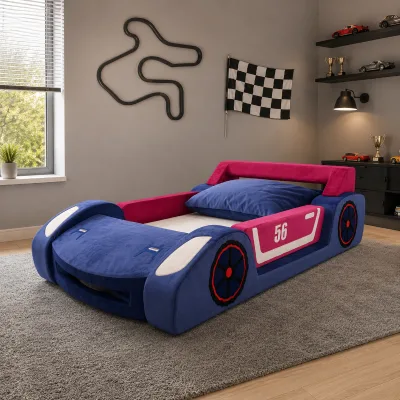 Modern Kids Car Sofa Bed High Density Foam Upholstered Sleeper Sofa Washable Cover No Wood Race Car Bed for Bedroom