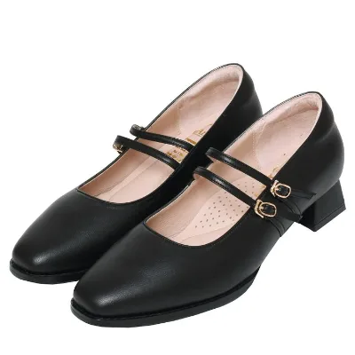 Ann'S Lambskin Mary Jane Double Strap Women'S Low Block Heels 3CM Square Head Toe Shoes Genuine Leather Upper Rubber Outsole