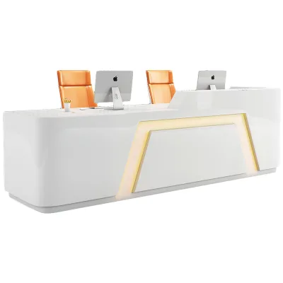 Modern Wood Office Reception Desk for Mall and Gym Use Luxury Design Lacquer Glossy with LED Light Reception Desk