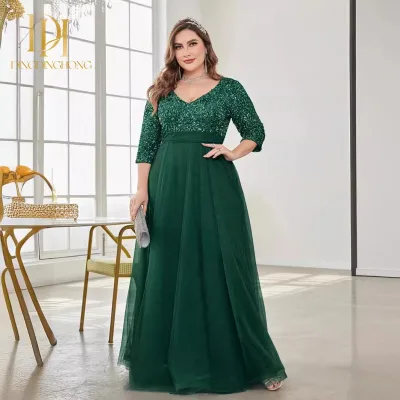Elegant Satin Evening Dress, New Fashion V-neck Short-sleeved Sequined Transparent A-line Ball Dress