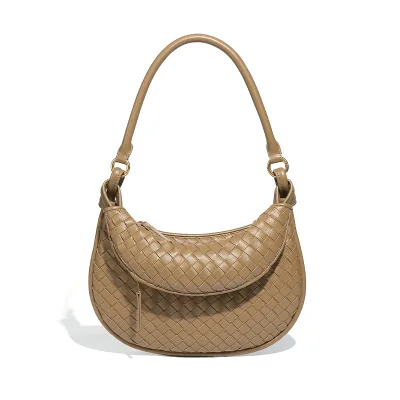 Woven PU Leather Handbag with Crescent Design Casual Crossbody Shoulder Bag Zipper Closure Polyester Lining