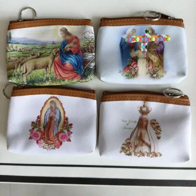 Religious Rosary Pouch Heat Transfer Print Zipper Storage Bag Catholic Prayer Coin Purse Key Ring Gift Bag Multi Patterns