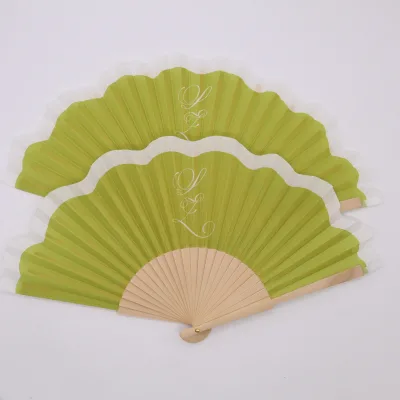 Custom Logo Folding Hand Fan Wooden Ribs Lime Green Pleated Party Fan Wedding Favor Dance Performance Decorative Fan