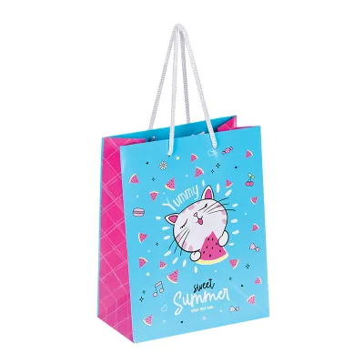 Custom Printing Recyclable Kraft Carry Bags Sweet Summer Cat Watermelon Pattern White Twisted Handles Children Party Gift Bags