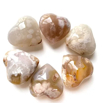 Wholesale Natural  Human Heart Crystal Flower Agate Heart Cherry Blossom Agate Heart for Decoration