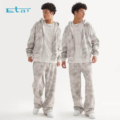 Streetwear Acid Washed Sweat Suits Zipper Hoodies Tracksuit Set Vintage Flared Sweatpants and Hoodie Set for Men Hoodies Set