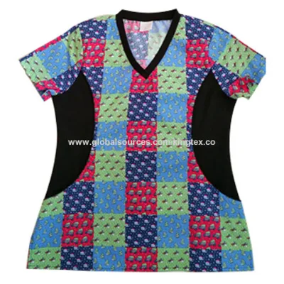 Printed medical scrub top with black side knit