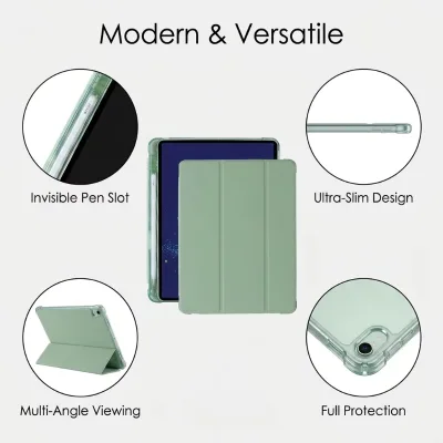 Slim Case for iPad A16 11th Gen with Transparent Pen Slot Trifold Stand Protective Cover, Built-in Pencil Holder