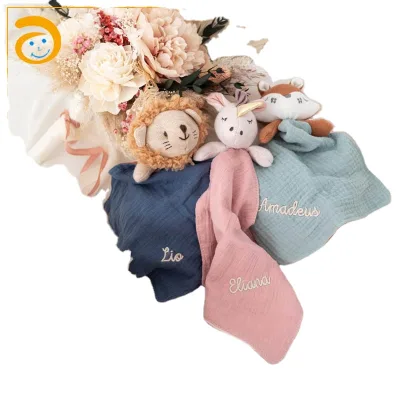 2024 New Arrivals Soft Muslin Organic Cotton Newborn Security Toy Handmade Animal Head Design Baby Comforter Blanket
