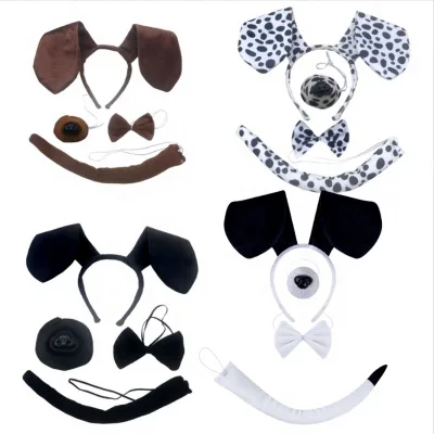 Halloween Adult Cosplay Dalmatian Plush Animal Headband Costume Kit with Dog Ears Nose Bow Tail (4 Pieces)
