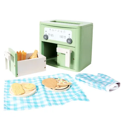 Dual Pull-Out Baskets Pretend Play Kitchen Toys, Mint Green Interactive Wooden Toy Air Fryer with Realistic Cooking Sounds