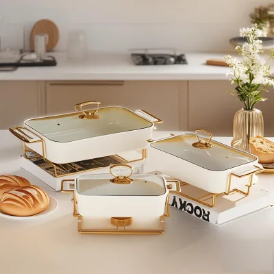 Wholesale OEM] 3-Piece Glass Lid Bakeware Set logo Custom White Ceramic Baking Dishes Pans