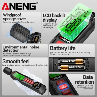 HEDAO Digital Portable Sound Level Meter NENG GN102 2dB Accuracy 30Hz-8KHz Frequency Range LCD Display Windproof