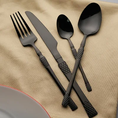 Customized 24pcs Flatware Set Unique Fishtail Waist Design Black Mirror Polish Stainless Steel Cutlery Disposable for Parties