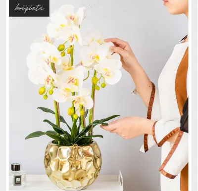 New Design Natural Looking Artificial Real Touch Phalaenopsis Flower in Pot Artificial Dendrobium Orchid Pot Flower