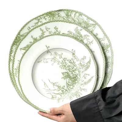 Vintage Light Green Flower Printed Ceramic Dinner Plate Set Retro Design Charger Plates Dessert Dishes Set for Wedding