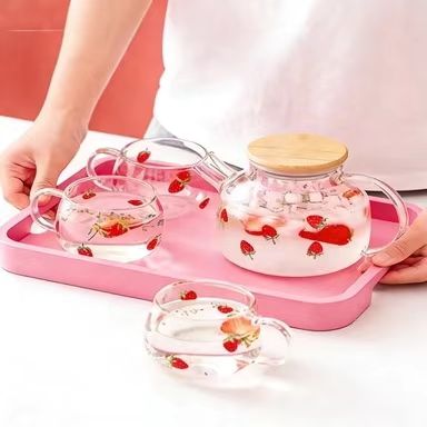 Strawberry Pattern High Borosilicate Glass Pitcher Set Bamboo Lid 1L/1.8L Transparent Heat Resistant Eco-Friendly Cold Drinks