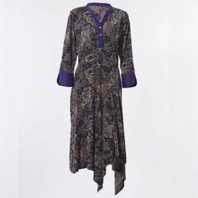 OEM Manufacturer paisley print jersey dress long sleeve maxi dress contrast collar and placket hanky bottom sleeve cuffs