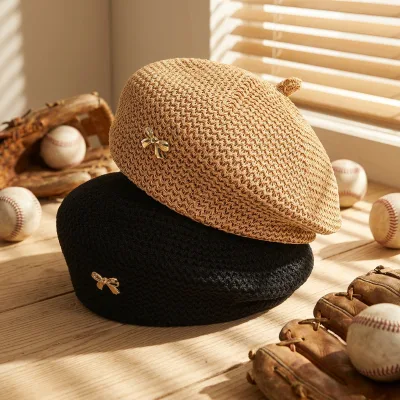 Women's Hollow Knitted Acrylic Beret Hat Metal Bow Decoration Spring/Summer Breathable Solid Color Casual Style 56-58CM Head