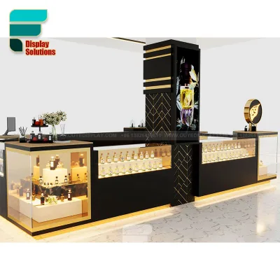 Professional Custom Wooden Perfume Display Shelf Black Golden Perfume Showcase Cabinet Mall Perfume Display Kiosk