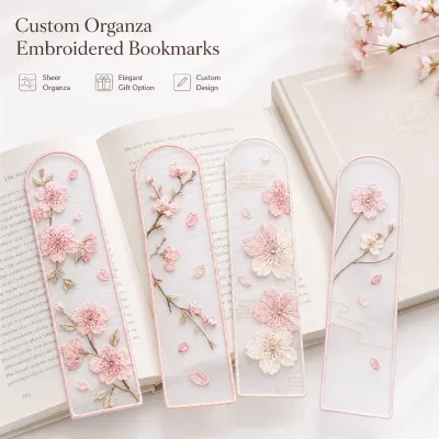Custom Cherry Blossom Organza Embroidered Bookmarks Personalized Sheer Floral Page Markers for Gifts Retail and Events
