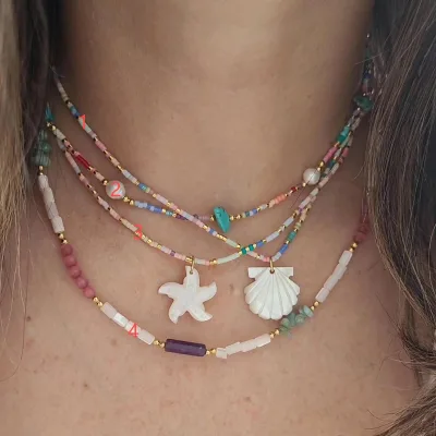Summer Beach Colored Crystal Natural Stone Stainless Steel Bead Necklace