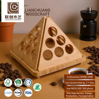 Desktop Capsule Organizer Wooden Coffee Capsule Storage Rack Triangular Rotating Coffee Pod Holder for 24 Pods