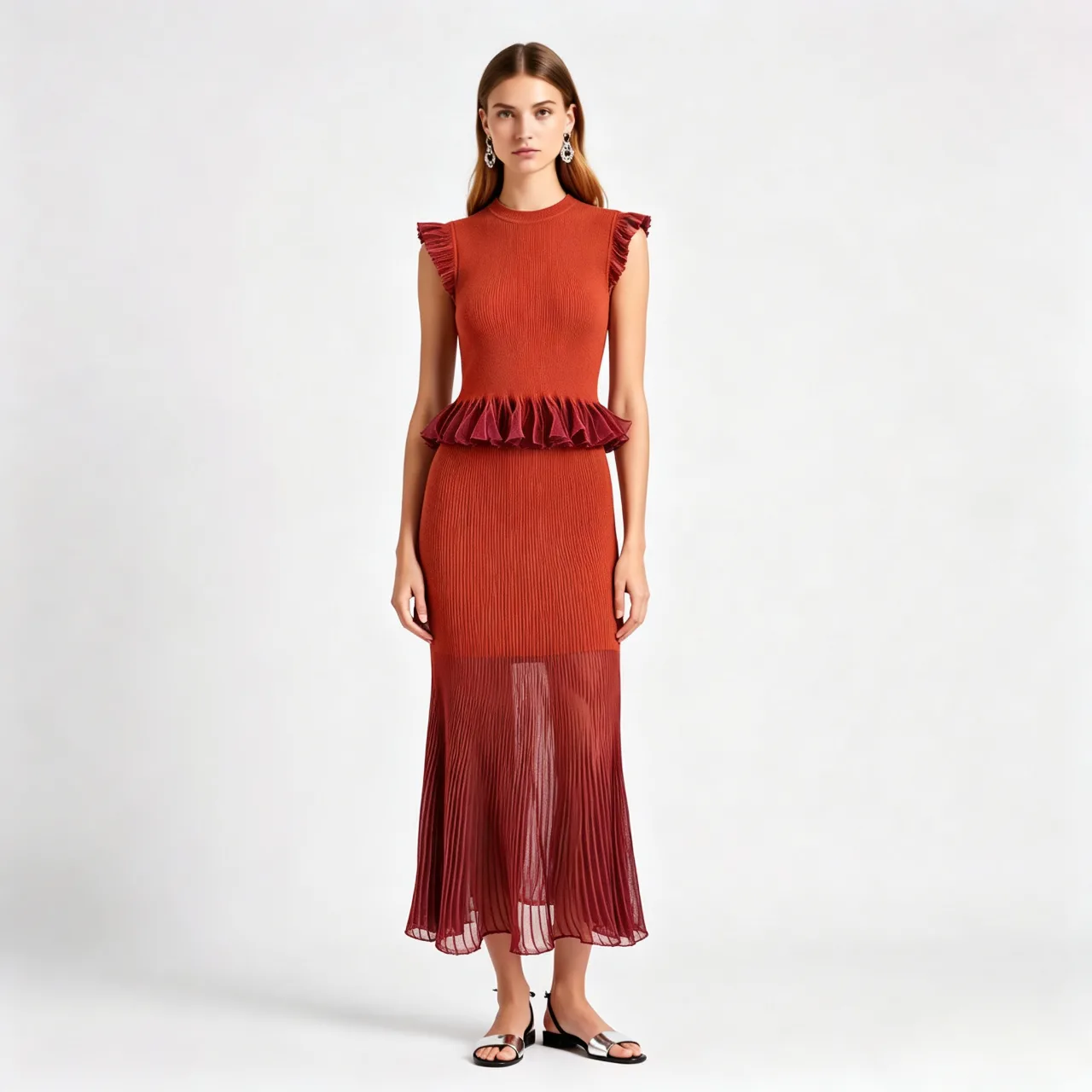 Knitwear Manufacturer Custom Ladies Elegant Soft Knitted Skirts Ruffled High Waist Over the Knee-Length Women Sweater Skirt