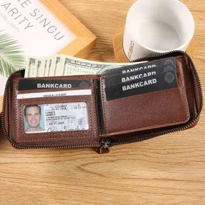 Vintage Unisex PU Solid Wallet Money Clip Business Credit Card Holder Zipper Closure Portable Small Size