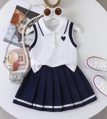 Summer Girls' Suit Children's College Casual Solid Breathable Worsted Polyester/Cotton for Collar Sleeveless Top Pleated Set