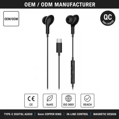 In Ear Wired Headphones Type C Connector Stereo Music Earphone with Inline Mic Remote 1.2m TPE Cable Black for Android