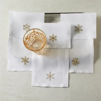 Custom Embroidery 100% Linen Cocktail Napkins Hand Embroidered Trim Logo Linen Dinner Napkin