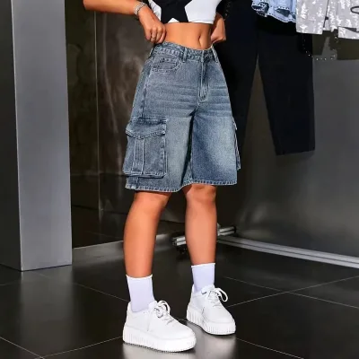 Cross-border Lolita-style Workwear Spandex/Cotton Denim Jeans Women High-waisted Loose-fit Medium Wash Multiple Pockets America
