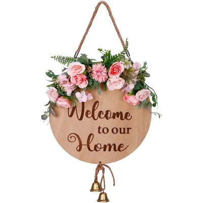 Wooden Welcome Sign for Front Door Welcome Sign with Artificial Wreath for Farmhouse Front Porch Front Door House Decoration