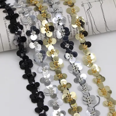 Wholesale Beaded Lace Trims Sequins Flower Pearl Silver Sequin Trim Forgarment DIY Gold Front Edge