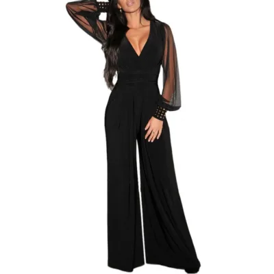 New Hot Sell High Waist Wide Leg Black Pants Sleeveless v Neck Jumpsuits Design
