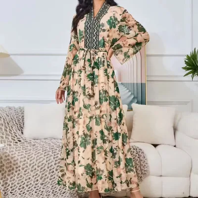 Wholesale Selling  New Muslim Women's V-neck Embroidered Long Sleeve Dress Woman Robe