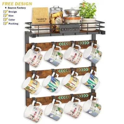 Modern Custom Metal Wall-Mounted Coffee Cup Rack with Hooks and Storage Basket