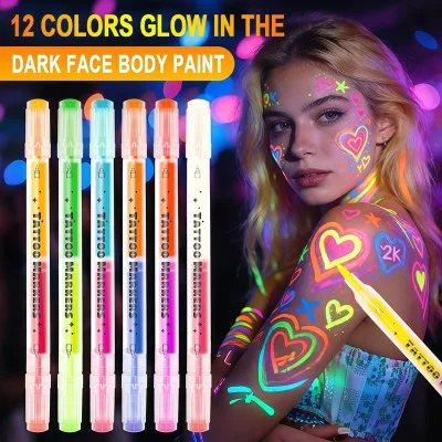 Daily Use Double-Headed 12Colours DIY Highlighter Non Bleeding Quick Dry UV Printed Marker Soft Head Body Painting Pens