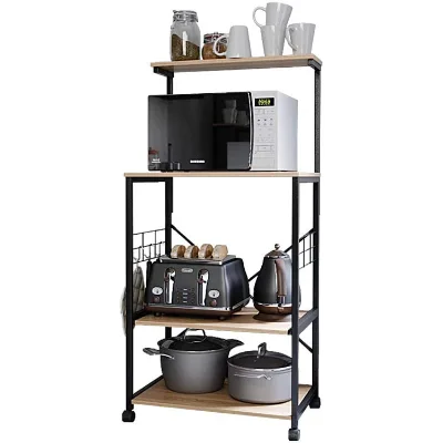 Keep Kitchen Organized and Tidy 4 Tier Slim Portable Wood Kitchen Food Baking Pan Tray Bread Trolley Organizer Cart Wheels